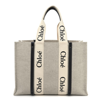 CHLOE Cotton Calfskin Large Woody Ribbon Tote White Blue