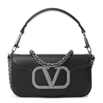 VALENTINO GARAVANI Calfskin Crystal Vlogo Small Loco Shoulder Bag Black