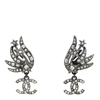 CHANEL Crystal Baguette CC Wing Star Earrings Silver