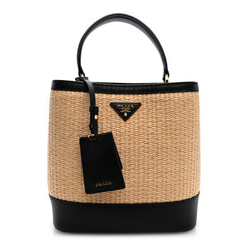 PRADA Wicker Saffiano Panier Bucket Bag Naturale Black
