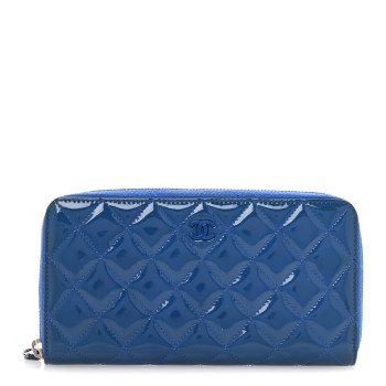 CHANEL Patent Calfskin Quilted Large Gusset Zip Around Wallet Blue