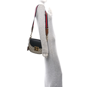 GUCCI GG Supreme Monogram Web Medium Padlock Messenger Shoulder Bag Black