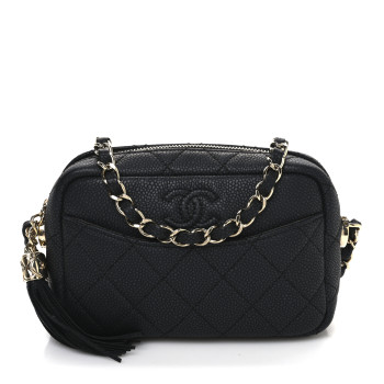 CHANEL Caviar Flat Quilted Mini Coco Tassel Camera Case Black