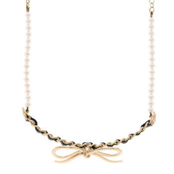 CHANEL Calfskin Pearl Metal CC Bow Choker Necklace Gold White Black