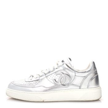CHANEL Laminated Calfskin CC Womens Sneakers 38.5 Silver