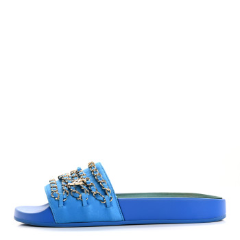 CHANEL Canvas Chain Flat Sandals 37 Bright Blue