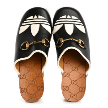 GUCCI X ADIDAS Quebec Calfskin Quentin Goatskin Horsebit Trefoil Clog Mules 37 Black Off White