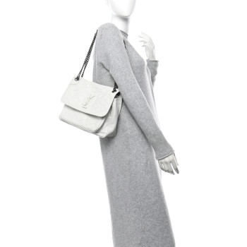 SAINT LAURENT Crinkled Calfskin Matelasse Monogram Medium Niki Chain Satchel Dirty White