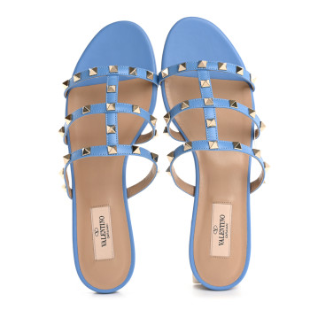 VALENTINO GARAVANI Nappa Rockstud Caged Flat Slide Sandals 39.5 Denim