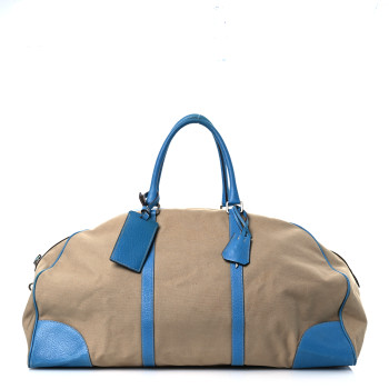 PRADA Canvas Calfskin Duffle Beige Blue