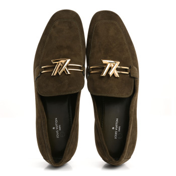 LOUIS VUITTON Suede Upper Case Flat Loafers 40 Green