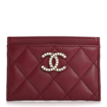 CHANEL Caviar Quilted Crystal Card Holder Burgundy