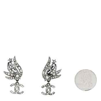 CHANEL Crystal Baguette CC Wing Star Earrings Silver