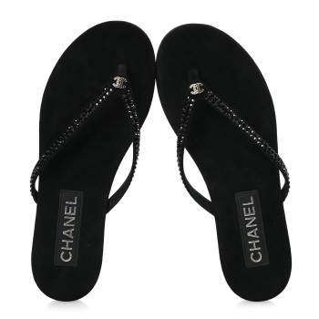 CHANEL Suede Kidskin Strass CC Thong Sandals 37.5 Black