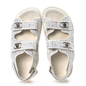 CHANEL Tweed Lambskin Dad Sandals 39 White Multicolor