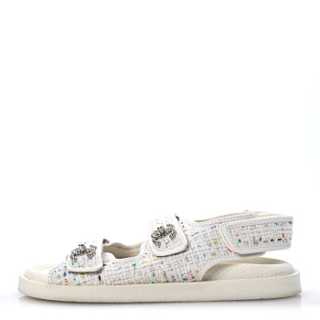 CHANEL Tweed Lambskin Dad Sandals 39 White Multicolor