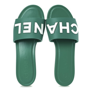 CHANEL Calfskin Patent Calfskin Logo Mules 38 Green White