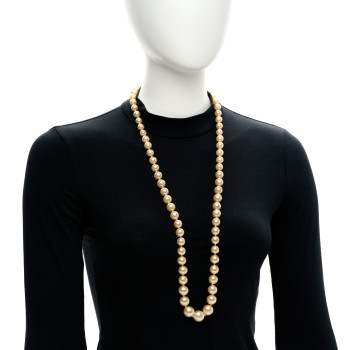 CHANEL Graduated Pearl Long Necklace Gold White