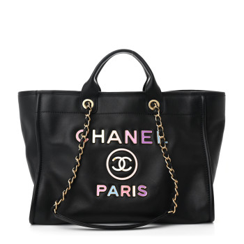 CHANEL Calfskin Medium Deauville Tote Black Multicolor