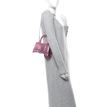 BALENCIAGA Metallic Shiny Calfskin Crocodile Embossed Hourglass Top Handle Bag XS Pink