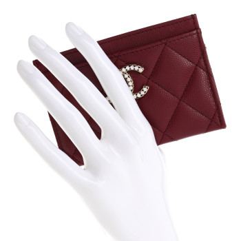 CHANEL Caviar Quilted Crystal Card Holder Burgundy
