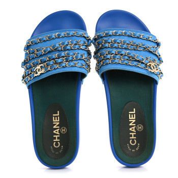 CHANEL Canvas Chain Flat Sandals 37 Bright Blue