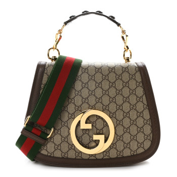 GUCCI GG Supreme Monogram Textured Dollar Calfskin Web Medium Blondie Top Handle Shoulder Flap Bag Beige Ebony New Acero