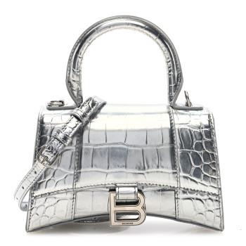 BALENCIAGA Metallic Calfskin Crocodile Embossed Hourglass Top Handle Bag XS Silver
