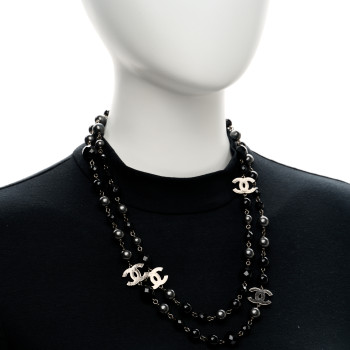 CHANEL Ruthenium Pearl Beaded CC Long Necklace Black