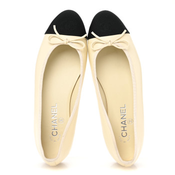 CHANEL Calfskin Grosgrain Cap Toe CC Ballerina Flats 39.5 Ivory Black