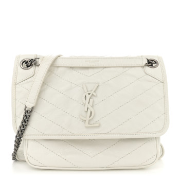 SAINT LAURENT Crinkled Calfskin Matelasse Monogram Medium Niki Chain Satchel Dirty White