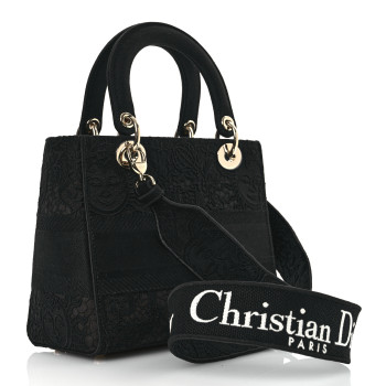 CHRISTIAN DIOR Canvas Embroidered Toile de Jouy Soleil Medium Lady D-Lite Black