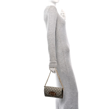 GUCCI GG Supreme Monogram Azalea Calfskin Web Mini Horsebit 1955 Chain Shoulder Bag Beige Ebony Brown Sugar