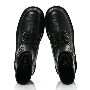 CHANEL Lambskin Calfskin Quilted Lace Up Combat Boots 38 Black