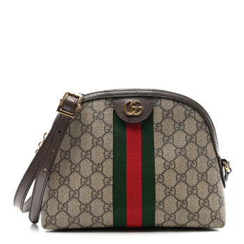 GUCCI GG Supreme Monogram Textured Dollar Calfskin Web Small Ophidia Dome Shoulder Bag Beige Ebony New Acero