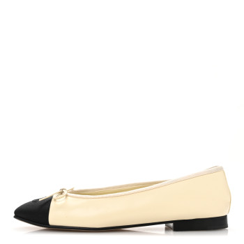 CHANEL Calfskin Grosgrain Cap Toe CC Ballerina Flats 39.5 Ivory Black
