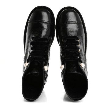 CHANEL Shiny Calfskin Velvet Pearl Combat Short Boots 37.5 Black