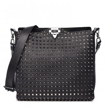 VALENTINO GARAVANI Calfskin Large Rockstud All Over Flip-Lock Messenger Bag Black
