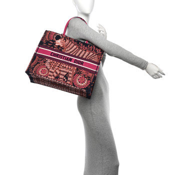 CHRISTIAN DIOR Canvas Embroidered Dior Animals Tiger Book Tote Deep Blue Fuchsia