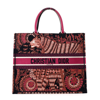 CHRISTIAN DIOR Canvas Embroidered Dior Animals Tiger Book Tote Deep Blue Fuchsia
