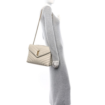 SAINT LAURENT Calfskin Y Quilted Monogram Medium Loulou Chain Satchel Crema Soft