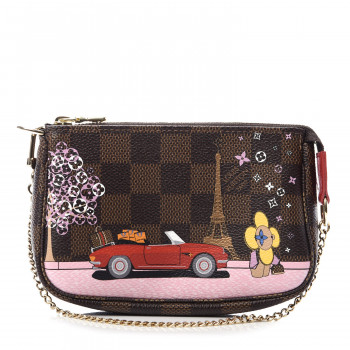 LOUIS VUITTON Damier Ebene 2019 Christmas Animation Mini Pochette Accessories Red