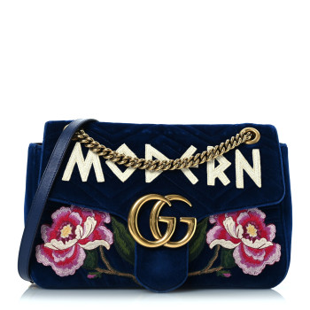 GUCCI Velvet Matelasse Modern Embroidered Medium GG Marmont Shoulder Bag Cobalt
