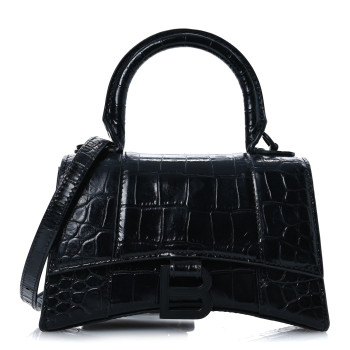 BALENCIAGA Shiny Calfskin Monochrome Crocodile Embossed Hourglass Top Handle Bag XS Black
