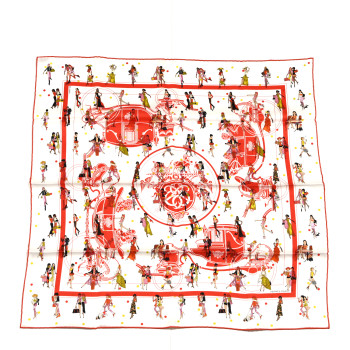 HERMES Silk Ex-Libris les Parisiennes Scarf 70 White Vermillon