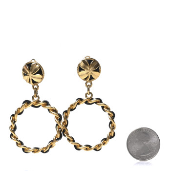 CHANEL Metal Lambskin Clover Clip On Hoop Earrings Gold Black