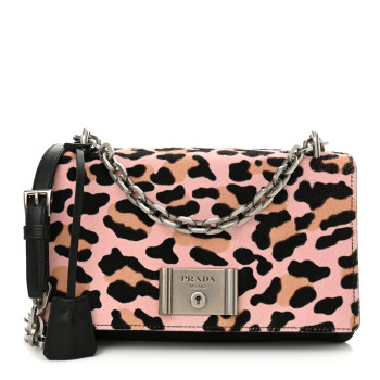PRADA Tessuto Cavallino Leopard Print Lock Flap Chain Shoulder Bag Black Rosa