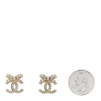 CHANEL Crystal CC Bow Dangle Earrings Gold