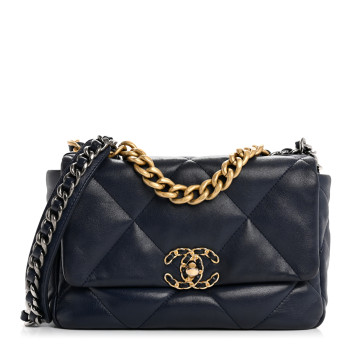 CHANEL Goatskin Quilted Medium Chanel 19 Flap Navy Blue