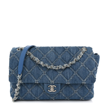 CHANEL Frayed Denim Quilted Large Blue Chip Flap Blue